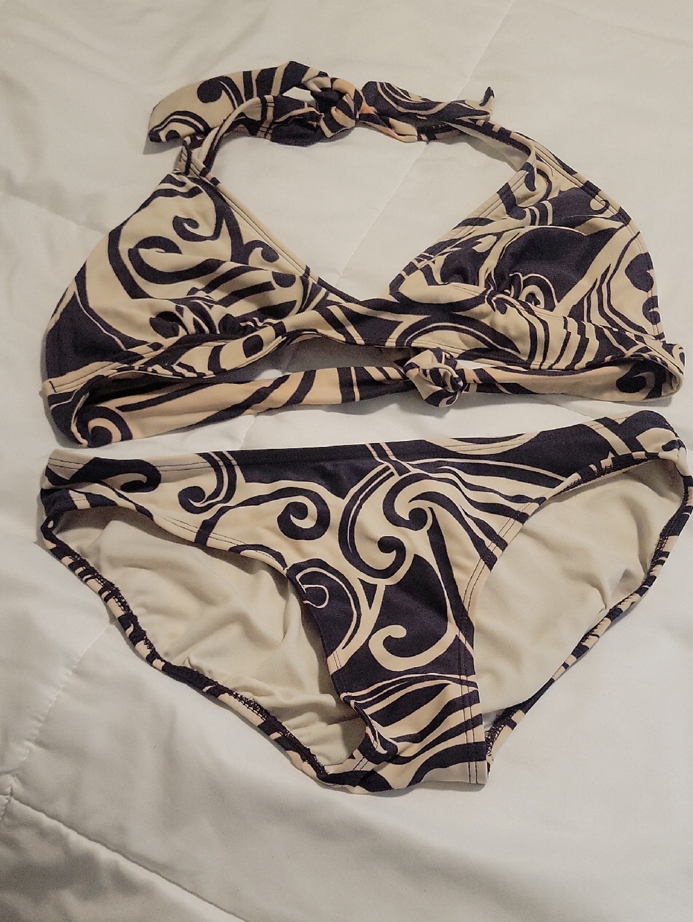 Ativa Beige & Black Swirl Halter Bikini Set SZ 6